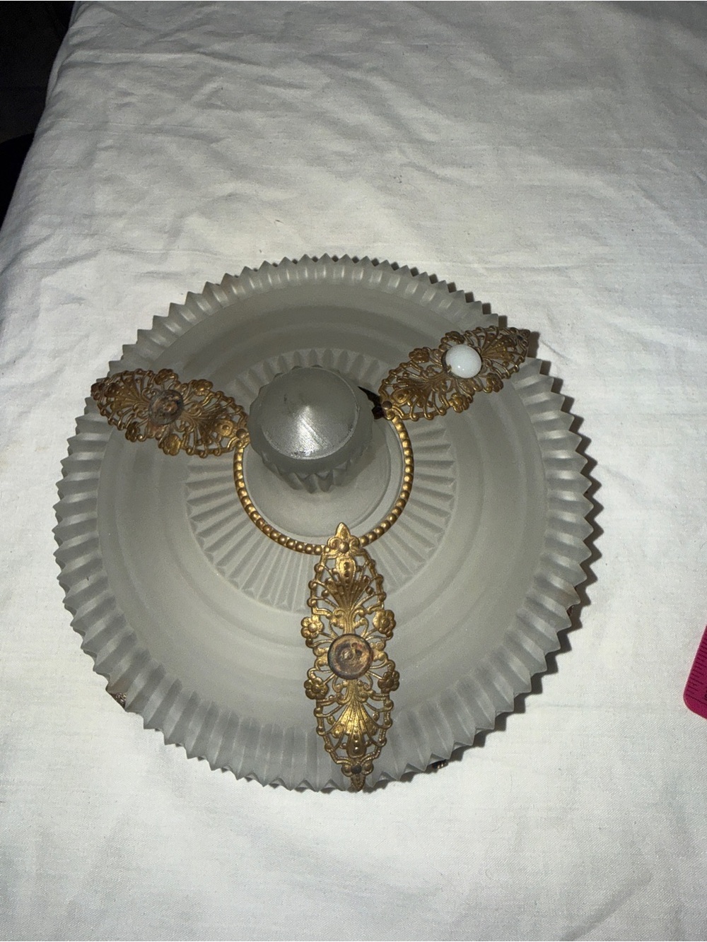 Vintage Art Deco Frosted Glass Powder Jar Trinket Dish Filigree Ormolu Lid